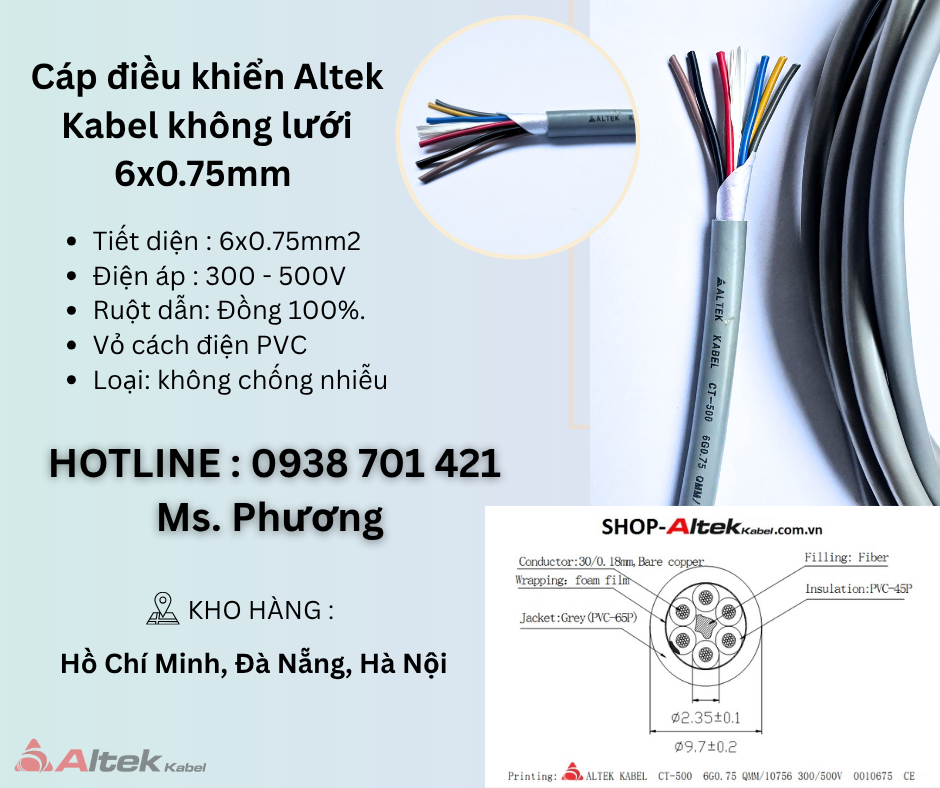 Cáp điều khiển Altek Kabel không lưới 6x0.75mm Đà Nẵng, Hà Nội, Hồ Chí Minh